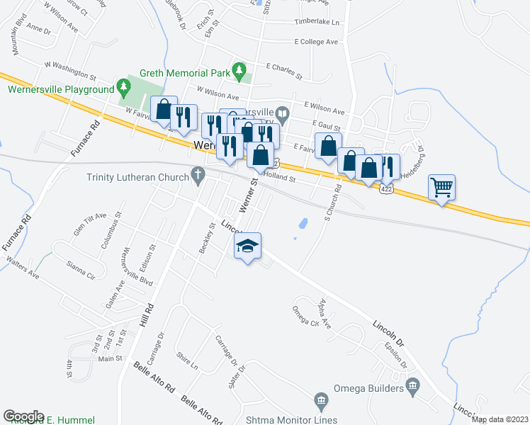 map of restaurants, bars, coffee shops, grocery stores, and more near 99 South Reber Street in Wernersville