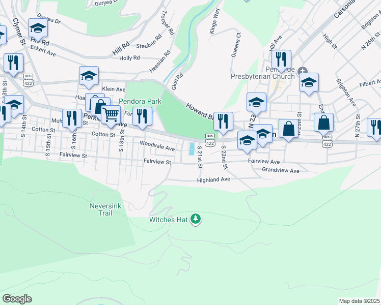 map of restaurants, bars, coffee shops, grocery stores, and more near 2000 Perkiomen Avenue in Reading