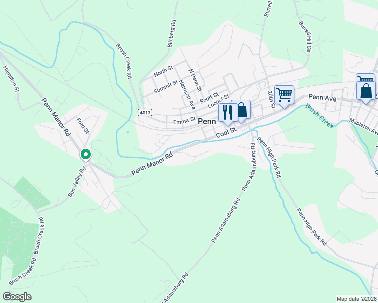 map of restaurants, bars, coffee shops, grocery stores, and more near 901 South Railroad Street in Penn