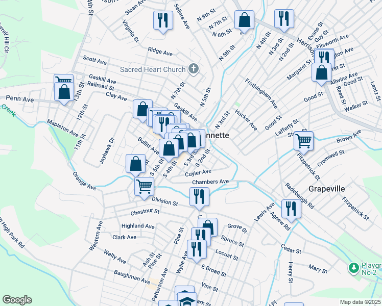 map of restaurants, bars, coffee shops, grocery stores, and more near 310 Magee Avenue in Jeannette