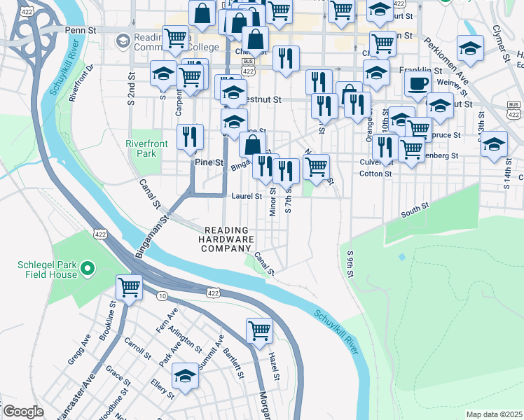 map of restaurants, bars, coffee shops, grocery stores, and more near 616 Laurel Street in Reading