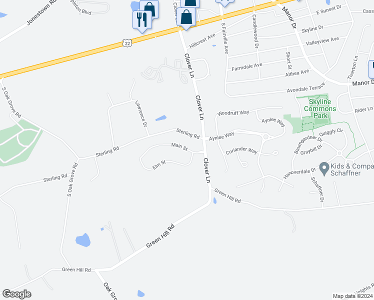 map of restaurants, bars, coffee shops, grocery stores, and more near 7334 Main Street in Harrisburg