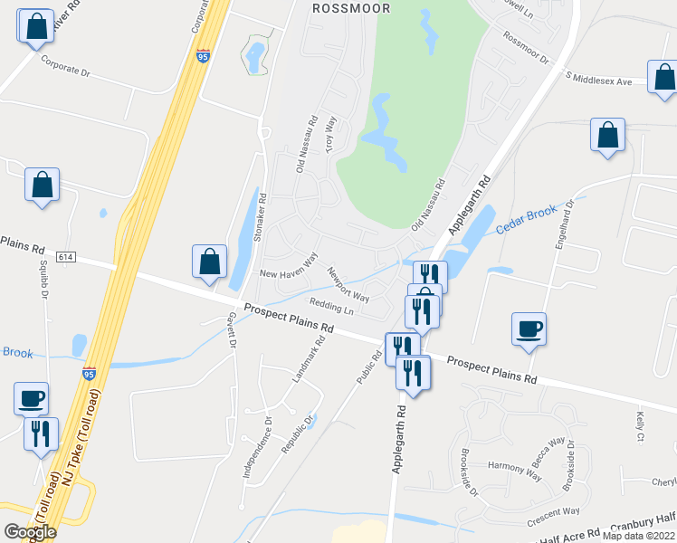 map of restaurants, bars, coffee shops, grocery stores, and more near 352B Old Nassau Road in Monroe Township