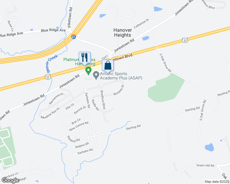 map of restaurants, bars, coffee shops, grocery stores, and more near 316 Buckley Drive in Harrisburg