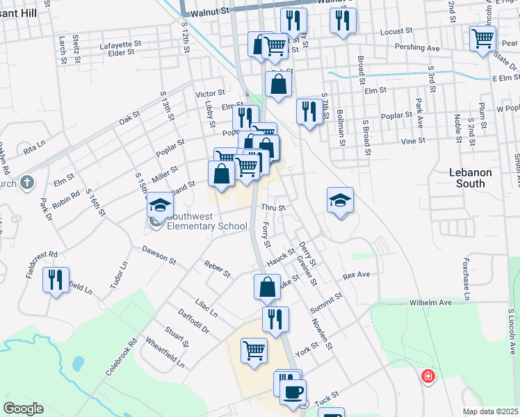 map of restaurants, bars, coffee shops, grocery stores, and more near 837 Quentin Road in Lebanon