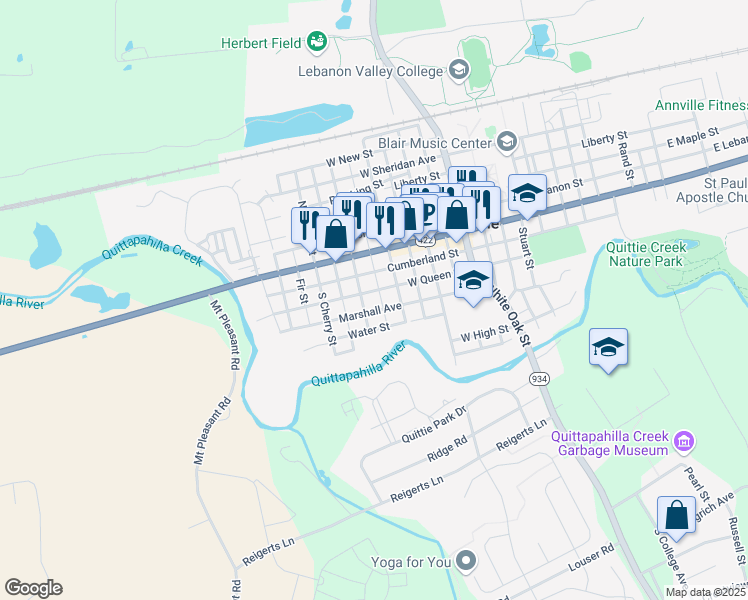 map of restaurants, bars, coffee shops, grocery stores, and more near 241 West Queen Street in Annville