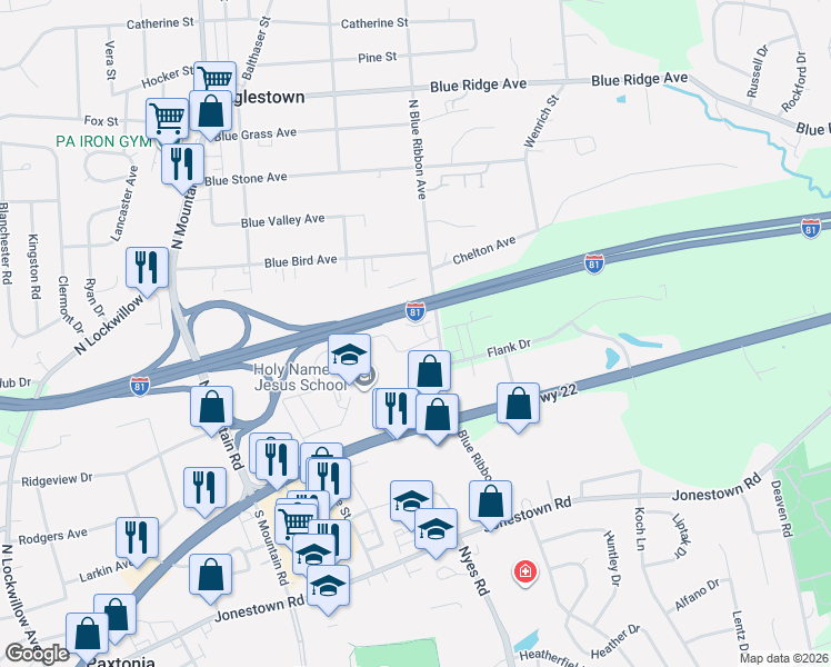 map of restaurants, bars, coffee shops, grocery stores, and more near 6261 Dogwood Drive in Harrisburg