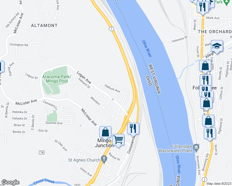 map of restaurants, bars, coffee shops, grocery stores, and more near 235 Hallock Avenue in Mingo Junction