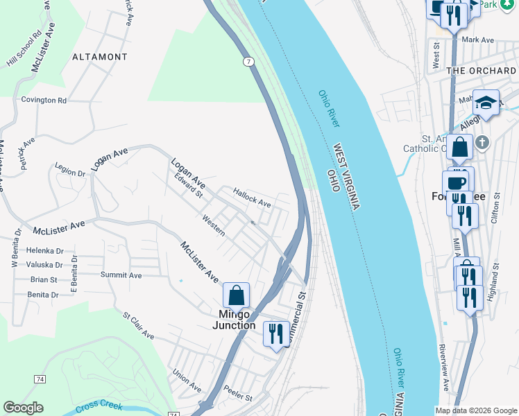 map of restaurants, bars, coffee shops, grocery stores, and more near 235 Hallock Avenue in Mingo Junction