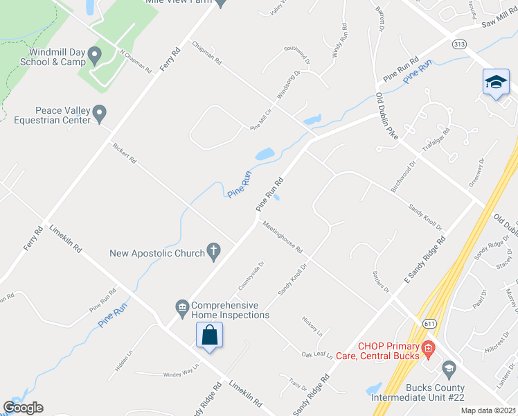 map of restaurants, bars, coffee shops, grocery stores, and more near 446 Pine Run Road in Doylestown