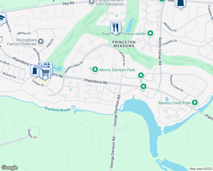map of restaurants, bars, coffee shops, grocery stores, and more near 77 Tennyson Drive in Princeton Meadows