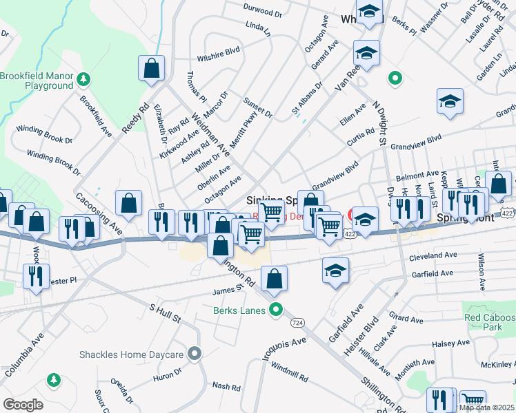 map of restaurants, bars, coffee shops, grocery stores, and more near 161 Crest Road in Sinking Spring