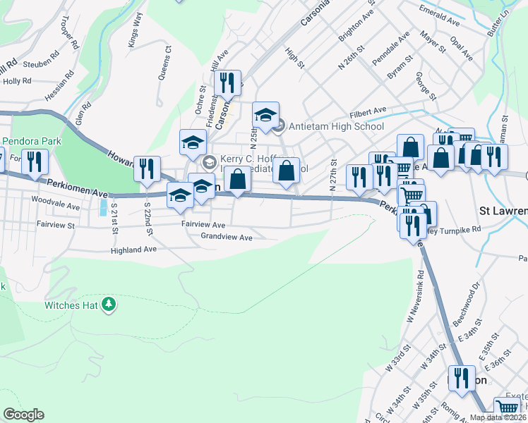 map of restaurants, bars, coffee shops, grocery stores, and more near 2548 Perkiomen Avenue in Mount Penn