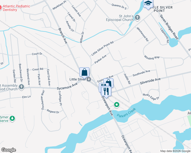 map of restaurants, bars, coffee shops, grocery stores, and more near 320 Willow Drive in Little Silver