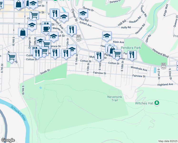 map of restaurants, bars, coffee shops, grocery stores, and more near 565 South 15th Street in Reading