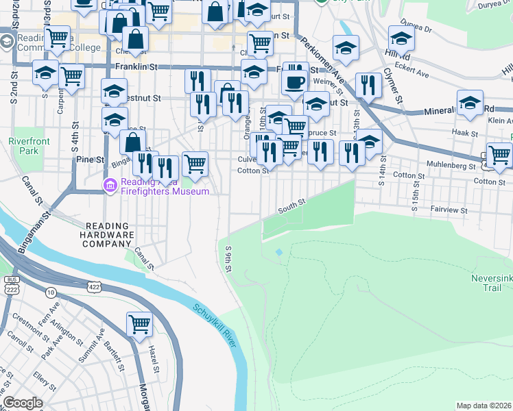 map of restaurants, bars, coffee shops, grocery stores, and more near 543 South 10th Street in Reading
