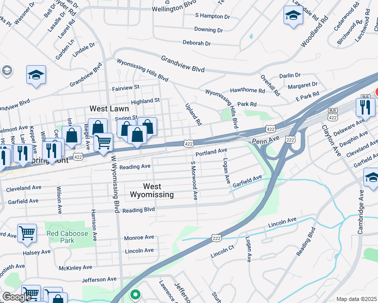 map of restaurants, bars, coffee shops, grocery stores, and more near 43 South Morwood Avenue in West Lawn