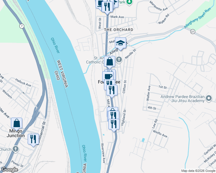 map of restaurants, bars, coffee shops, grocery stores, and more near in Follansbee