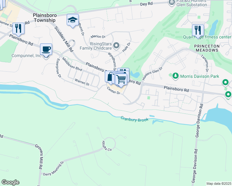 map of restaurants, bars, coffee shops, grocery stores, and more near 666 Plainsboro Road in Princeton Meadows