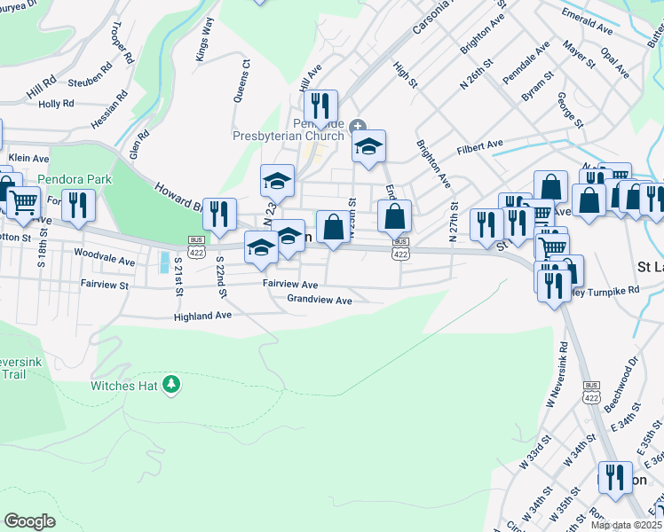map of restaurants, bars, coffee shops, grocery stores, and more near 2458 Perkiomen Avenue in Mount Penn