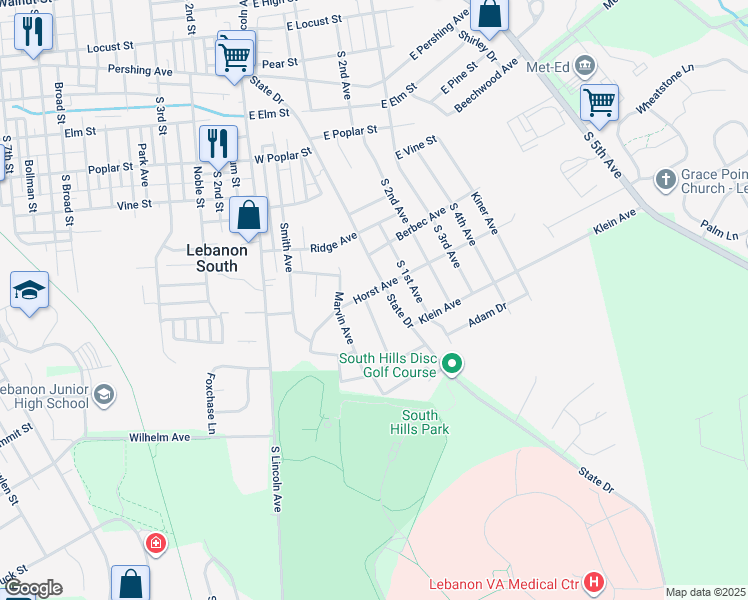 map of restaurants, bars, coffee shops, grocery stores, and more near 38 Horst Avenue in Lebanon
