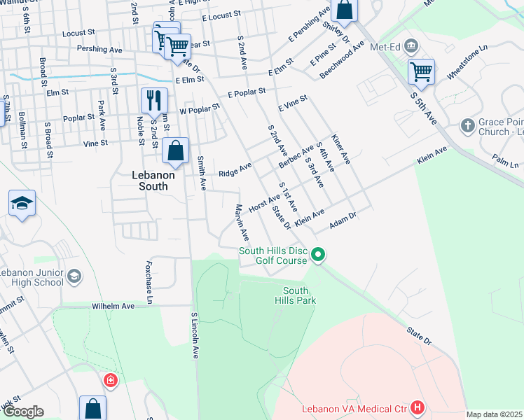 map of restaurants, bars, coffee shops, grocery stores, and more near 38 Horst Avenue in Lebanon