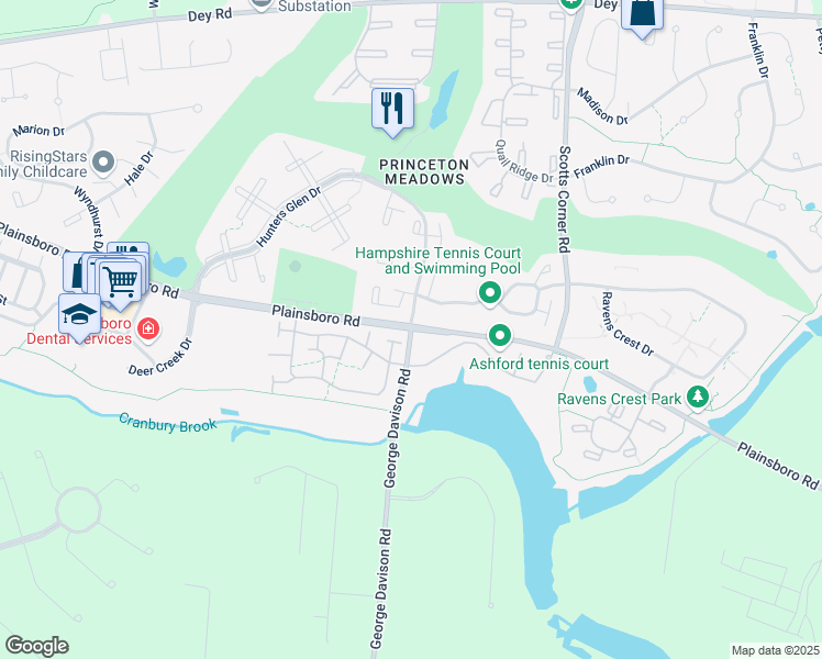 map of restaurants, bars, coffee shops, grocery stores, and more near Plainsboro Road & George Davison Road in Plainsboro Township
