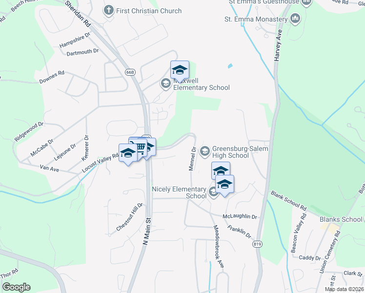 map of restaurants, bars, coffee shops, grocery stores, and more near 199 Mennel Drive in Greensburg