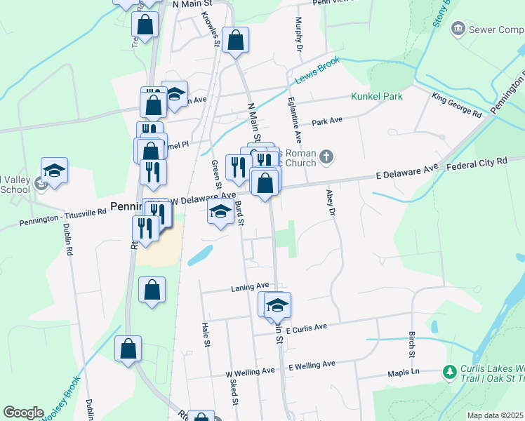 map of restaurants, bars, coffee shops, grocery stores, and more near 16 South Main Street in Pennington