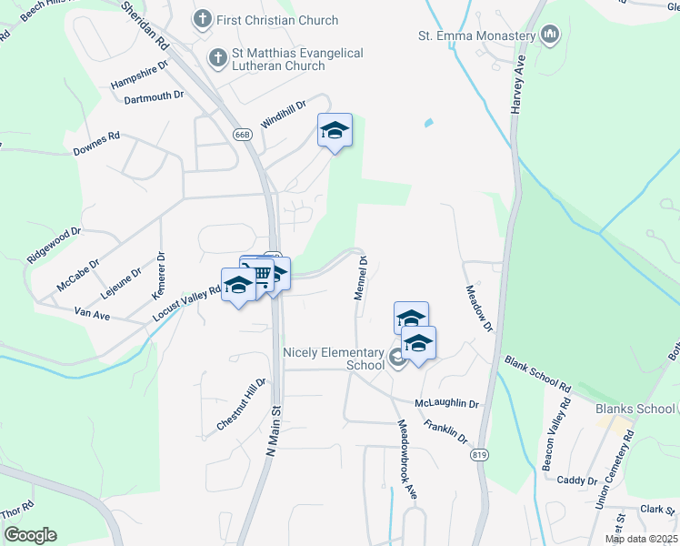 map of restaurants, bars, coffee shops, grocery stores, and more near 1-199 Mennel Drive in Greensburg