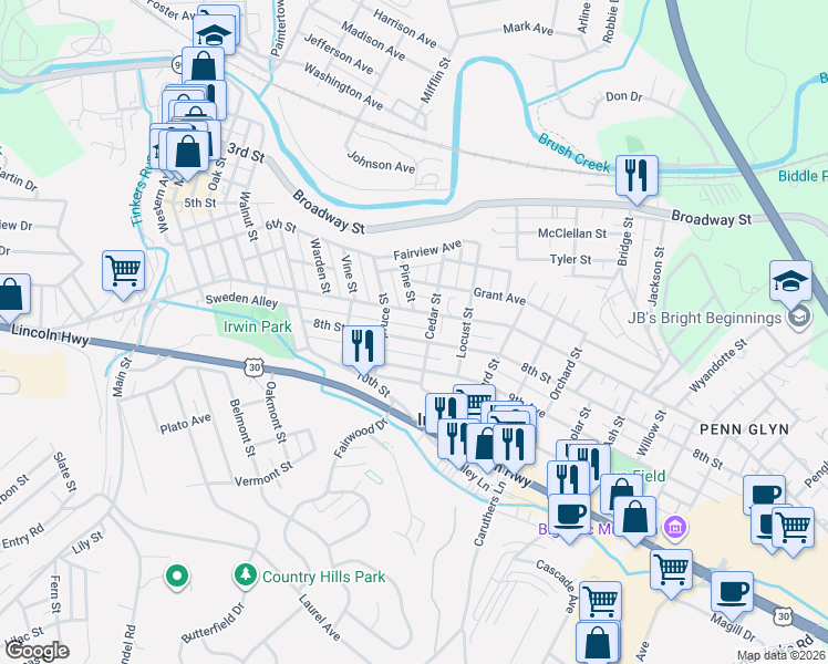 map of restaurants, bars, coffee shops, grocery stores, and more near 712 Pennsylvania Avenue in Irwin