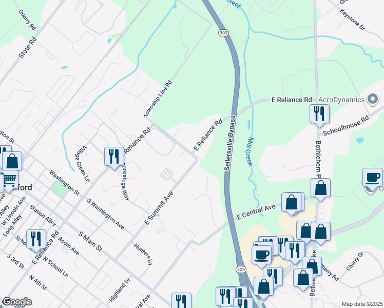 map of restaurants, bars, coffee shops, grocery stores, and more near East Reliance Road in Telford