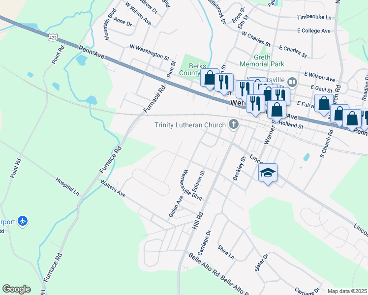 map of restaurants, bars, coffee shops, grocery stores, and more near 303 Columbus Street in Wernersville