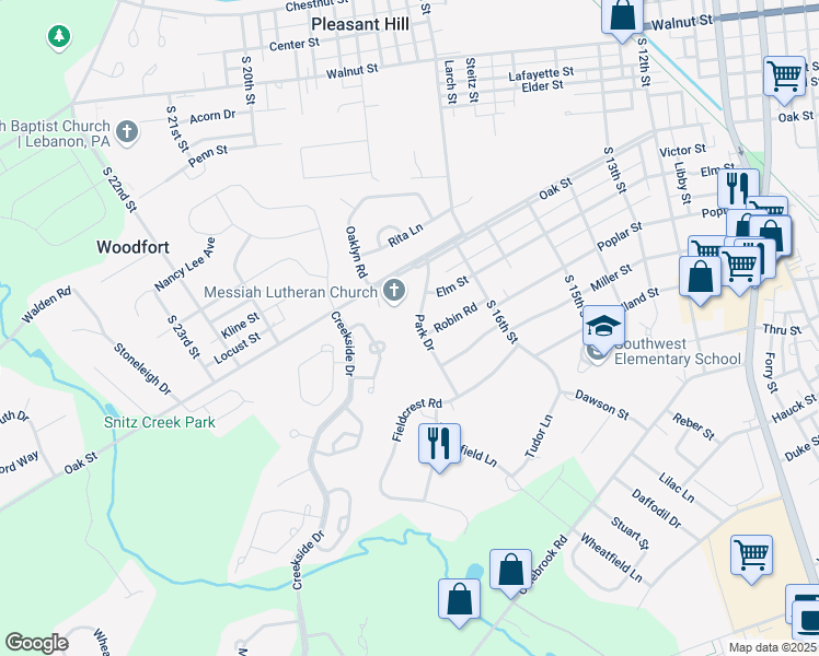 map of restaurants, bars, coffee shops, grocery stores, and more near 525 Park Drive in Lebanon