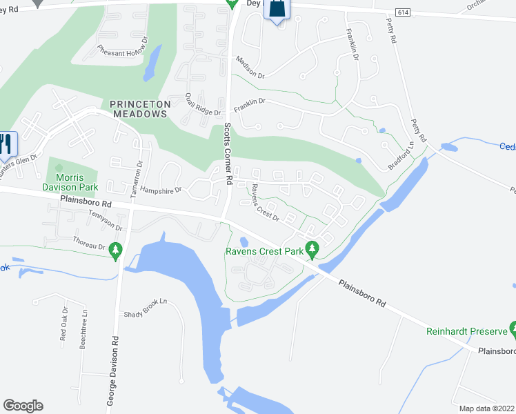 map of restaurants, bars, coffee shops, grocery stores, and more near 6219 Ravens Crest Drive in Plainsboro Township