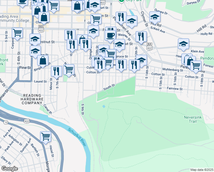 map of restaurants, bars, coffee shops, grocery stores, and more near 570 South 11th Street in Reading