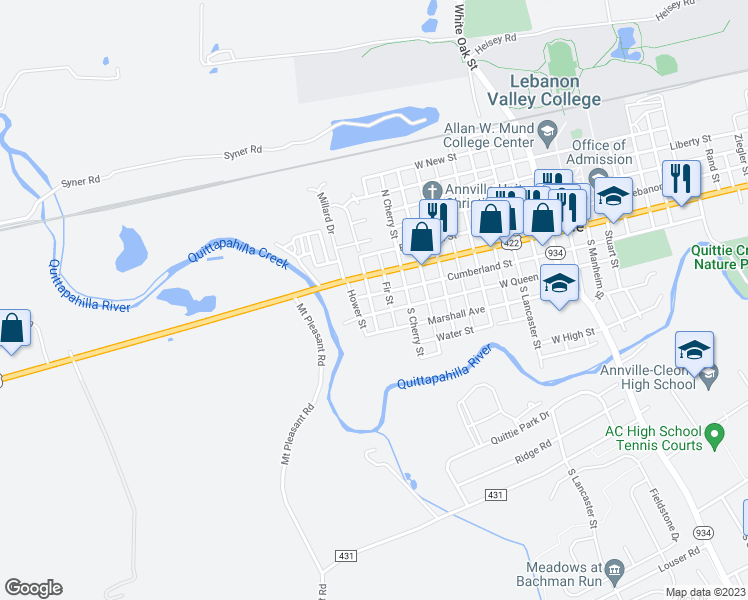 map of restaurants, bars, coffee shops, grocery stores, and more near 32 South Mill Street in Annville