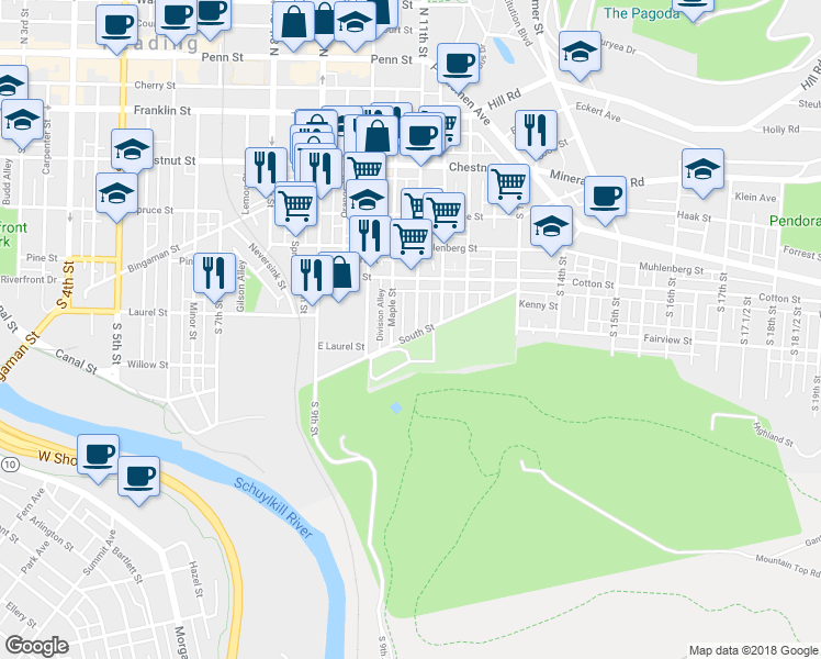 map of restaurants, bars, coffee shops, grocery stores, and more near 570 South 11th Street in Reading
