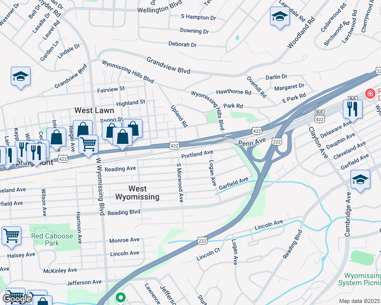 map of restaurants, bars, coffee shops, grocery stores, and more near 1919 U.S. 422 in West Lawn