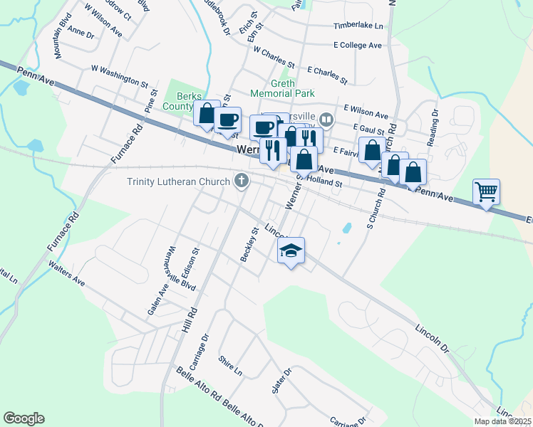 map of restaurants, bars, coffee shops, grocery stores, and more near 161 Beckley Street in Wernersville