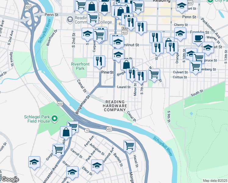 map of restaurants, bars, coffee shops, grocery stores, and more near 517 South 5th Street in Reading