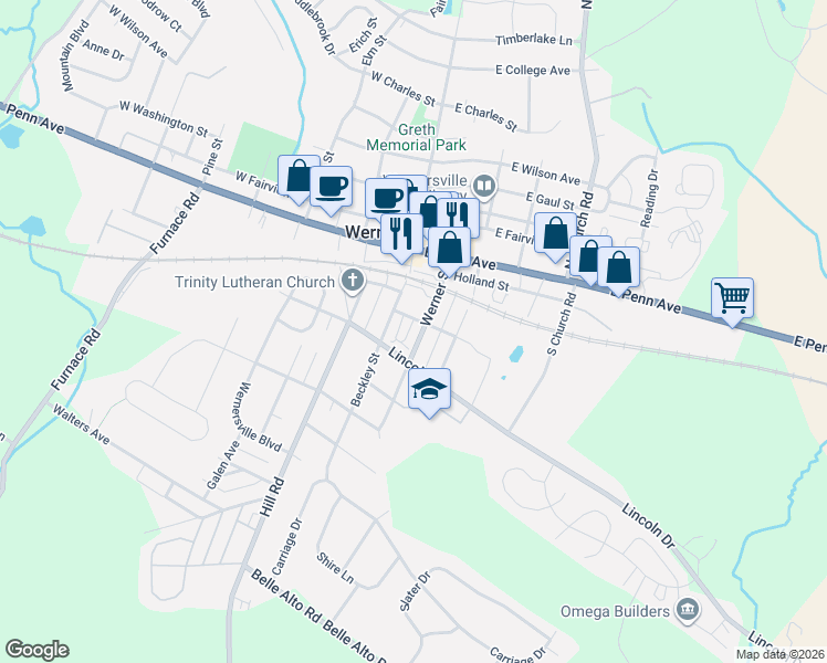 map of restaurants, bars, coffee shops, grocery stores, and more near 133 Beckley Street in Wernersville