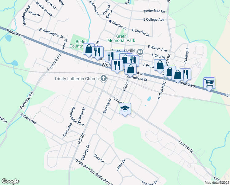 map of restaurants, bars, coffee shops, grocery stores, and more near 161 Beckley Street in Wernersville