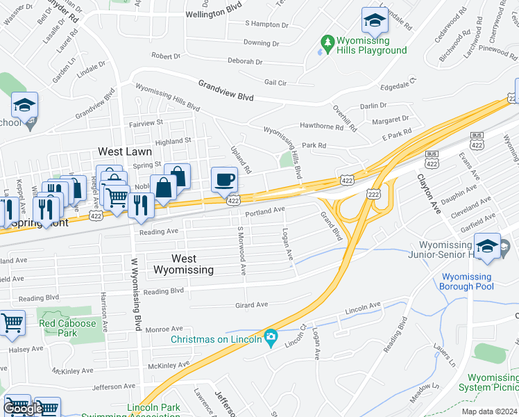 map of restaurants, bars, coffee shops, grocery stores, and more near 1819 Portland Avenue in Reading