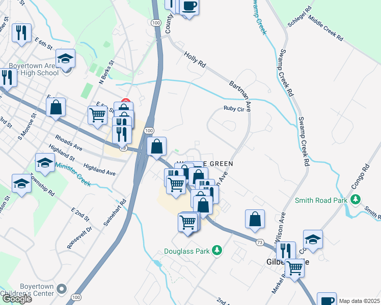 map of restaurants, bars, coffee shops, grocery stores, and more near 802 Village Green Drive in Gilbertsville