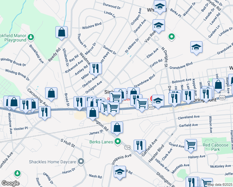 map of restaurants, bars, coffee shops, grocery stores, and more near 19 Spring Crest Boulevard in Sinking Spring