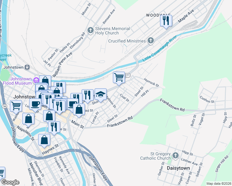 map of restaurants, bars, coffee shops, grocery stores, and more near Furlong Pl in Johnstown