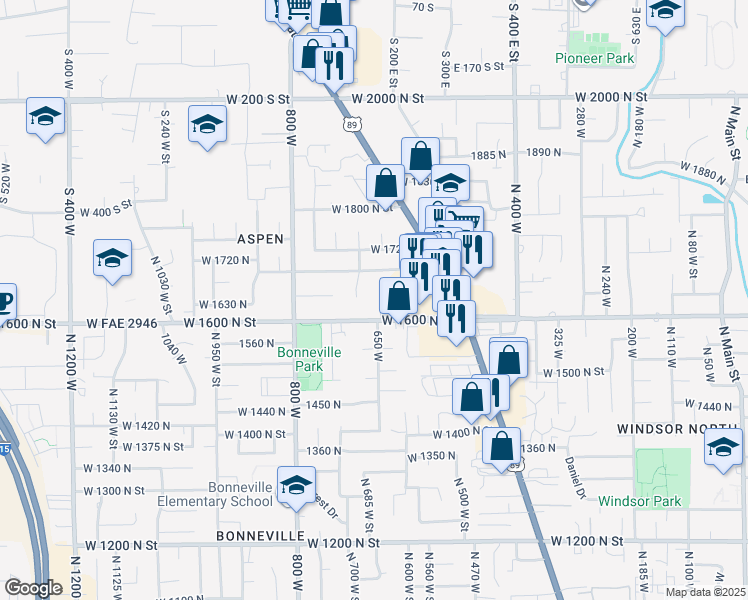 map of restaurants, bars, coffee shops, grocery stores, and more near 1643 North 645 West Street in Orem
