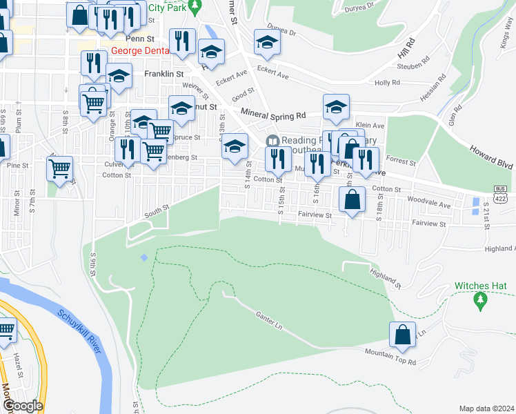 map of restaurants, bars, coffee shops, grocery stores, and more near 1429 Fairview Street in Reading