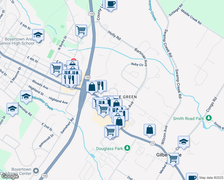 map of restaurants, bars, coffee shops, grocery stores, and more near 802 Village Green Drive in Gilbertsville